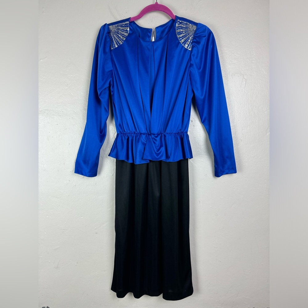 Vtg 80s Diamond's Run Blue Black Dress Silver Glitter Size S/M disco retro party